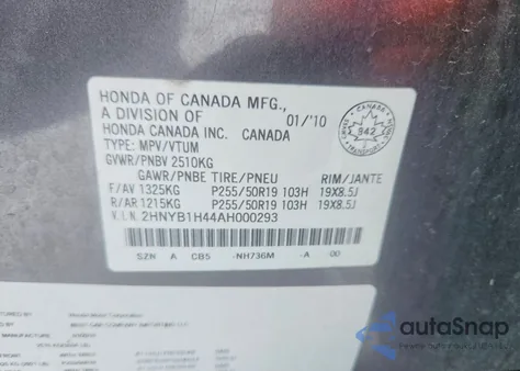 2010 Acura Zdx Technology z USA, uszkodzony, nr VIN 2HNYB1H44AH000293